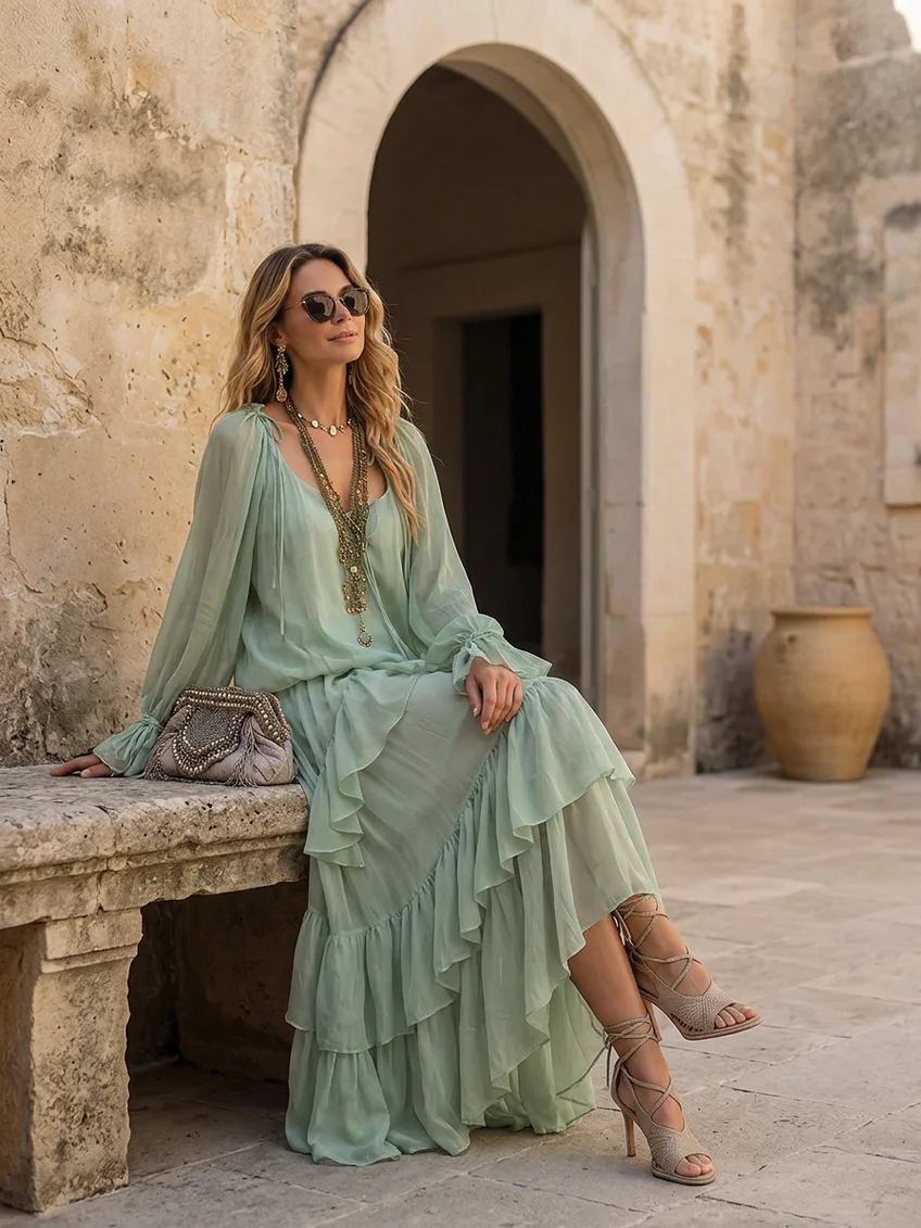 Miętowo-zielony top z szyfonu z falbanami, w zestawie z warstwową spódnicą