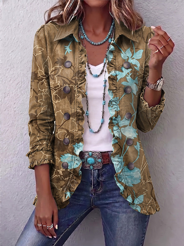 Grażyna™ | Kwiatowa Kurtka Boho Vintage z Falbanką
