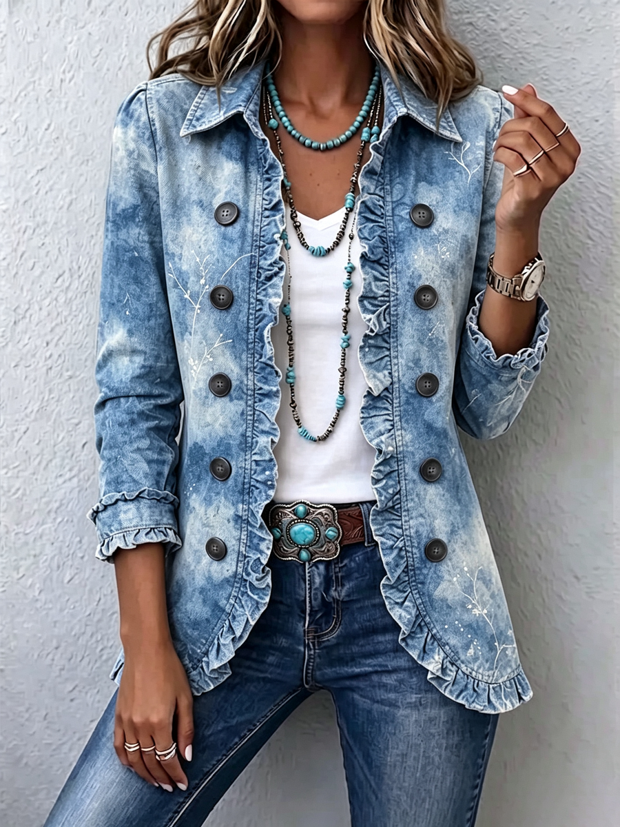 Renata™ | Jeansowa Kurtka Boho z Falbanką